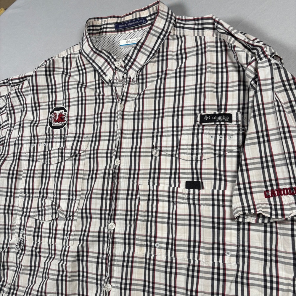 Columbia PFG Fishing Shirt Mens XXL White Plaid South Carolina Gamecocks Pockets